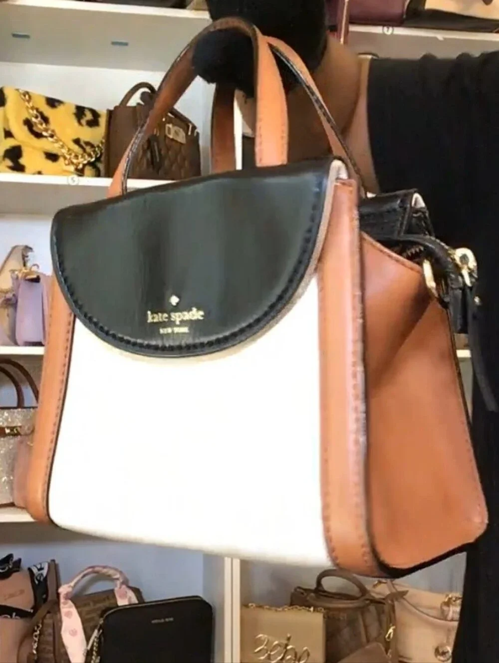 kate spade Tri-Color Leather Crossbody Satchel — Black, White, Brown
